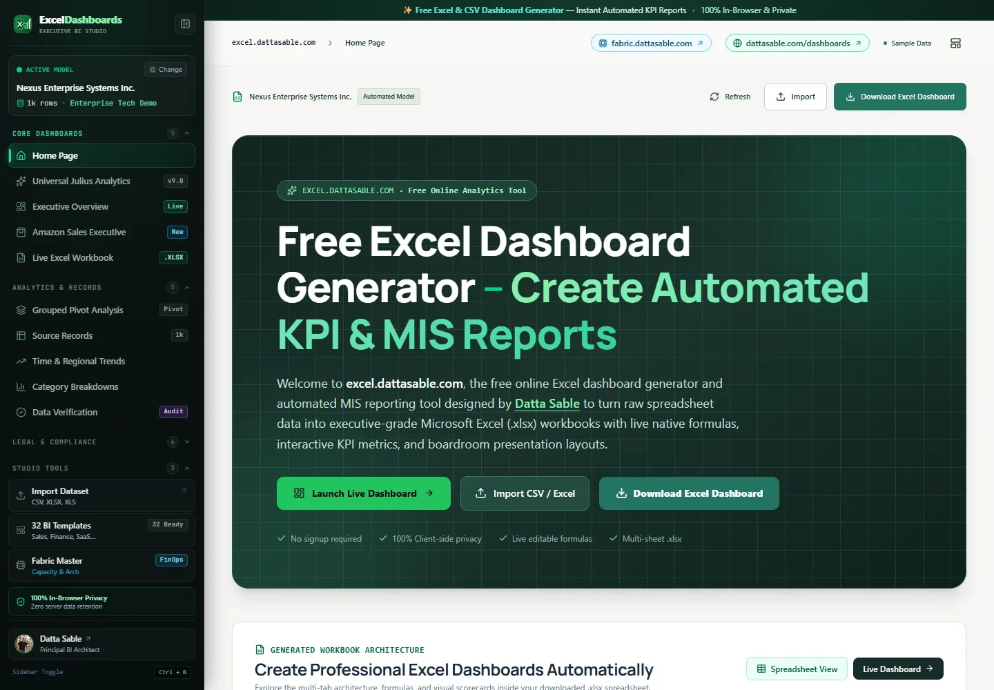Excel Dashboard Generator live studio with import and export controls