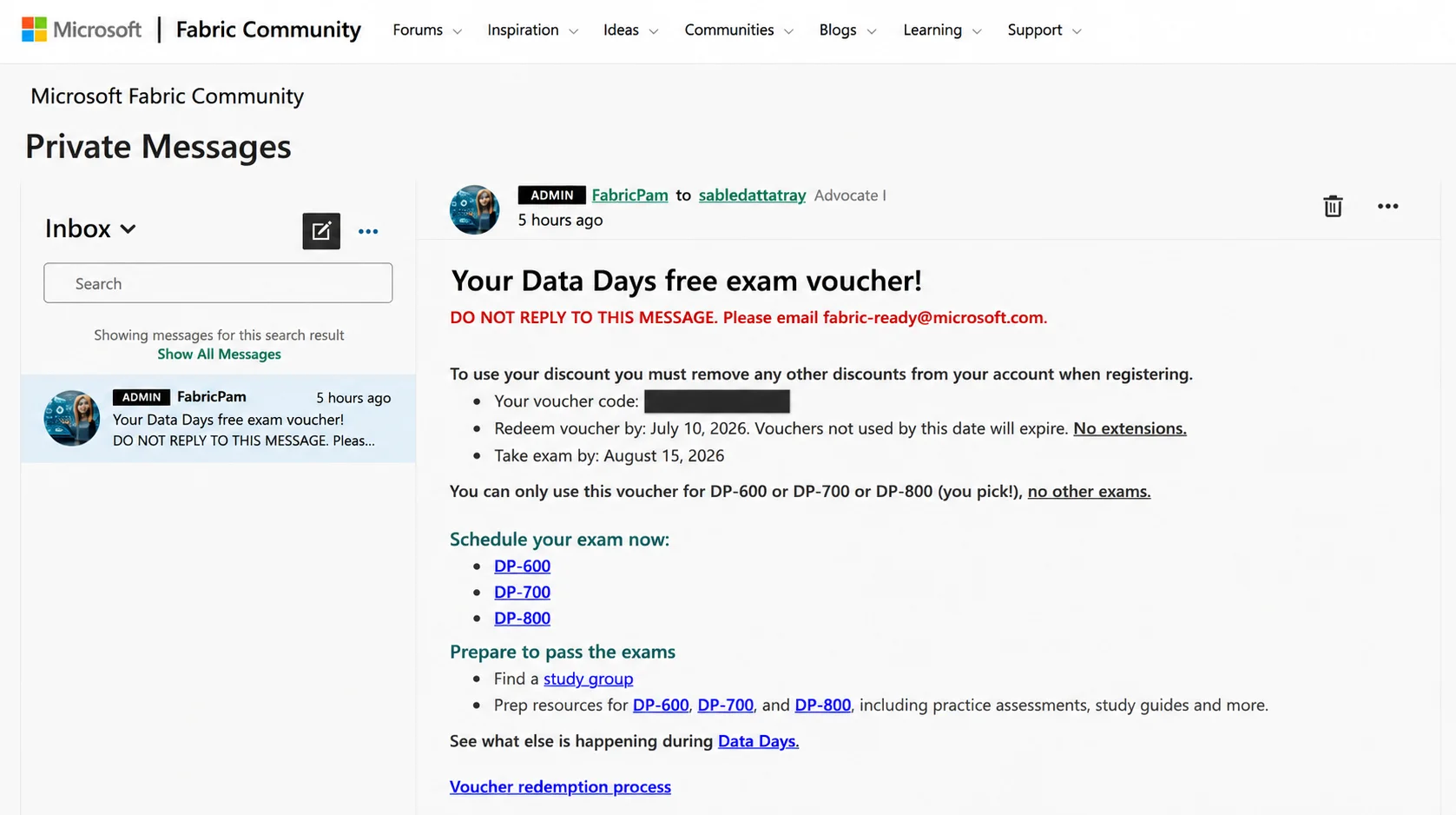 Microsoft Fabric Data Days Free Exam Voucher Proof